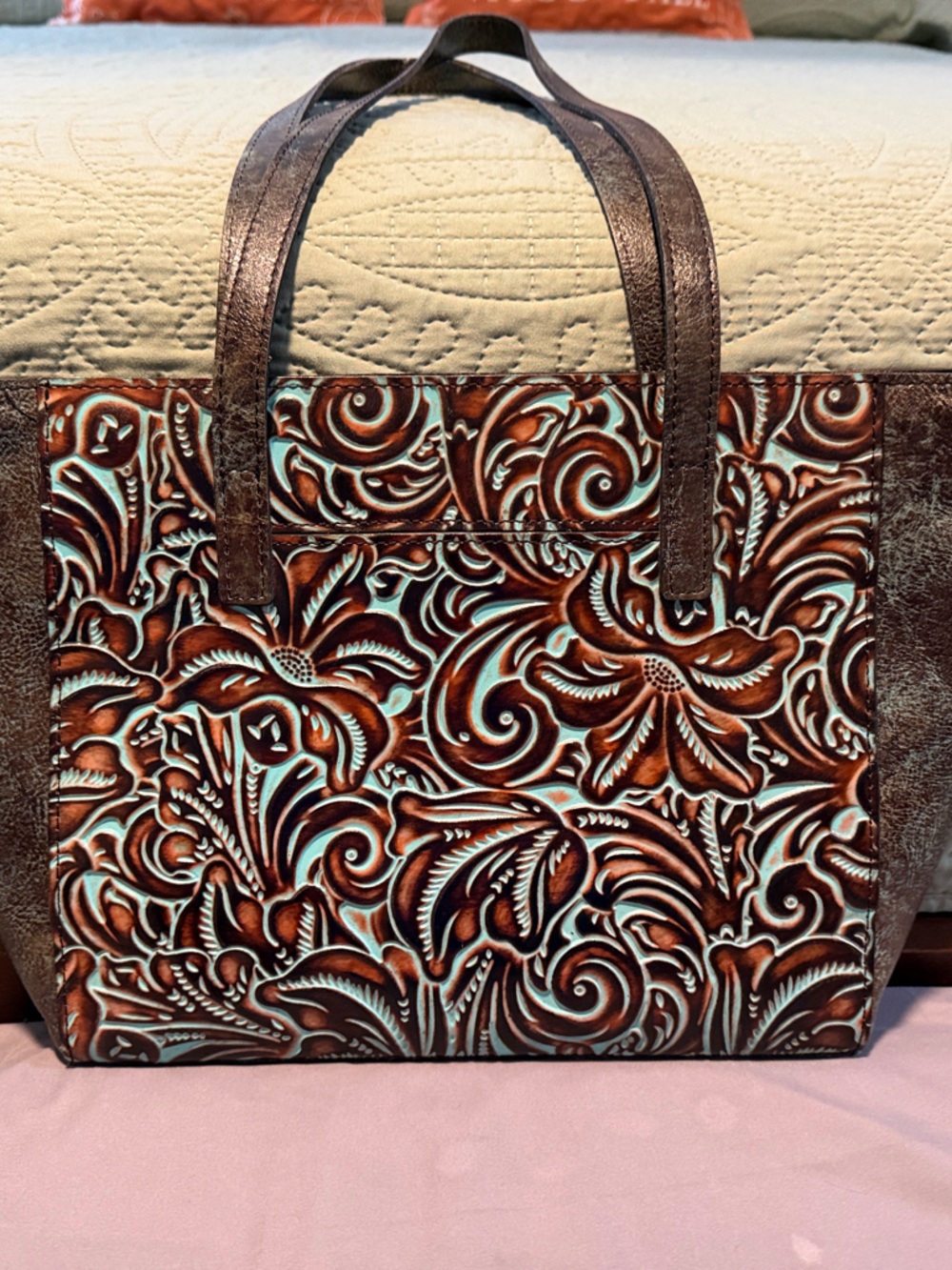 Patricia Nash Brown and Turquoise Tooled Leather Floral Tote